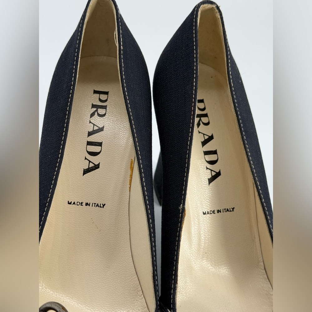 Prada Calzature Donna Linen and Leather Buckle Heels Size EU 37 1/2 - Picture 8 of 9